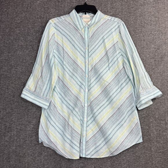 Chico's Tops - Chicos Size 2 Button Up Top Long LineBlue Linen Stripe 3/4 Sleeve Coastal